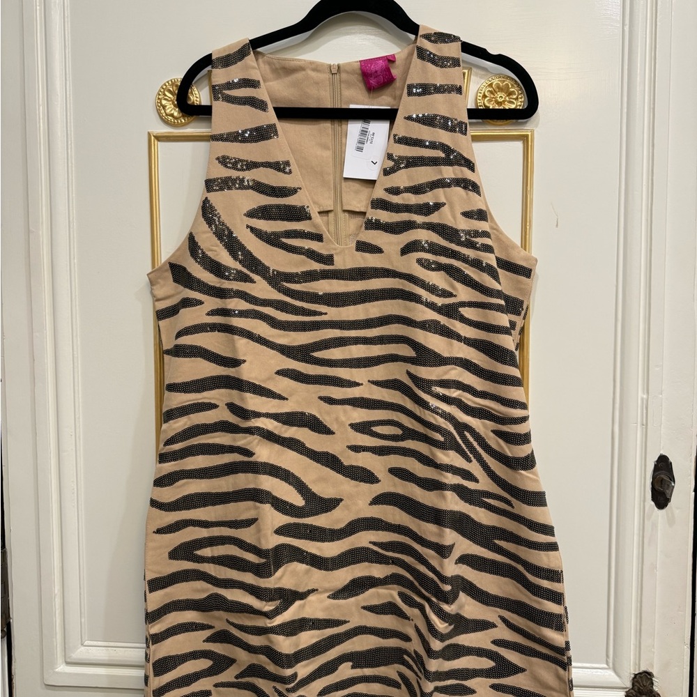 QUEEN OF SPARKLES Tan and Black Tiger V-Neck Tank Dress